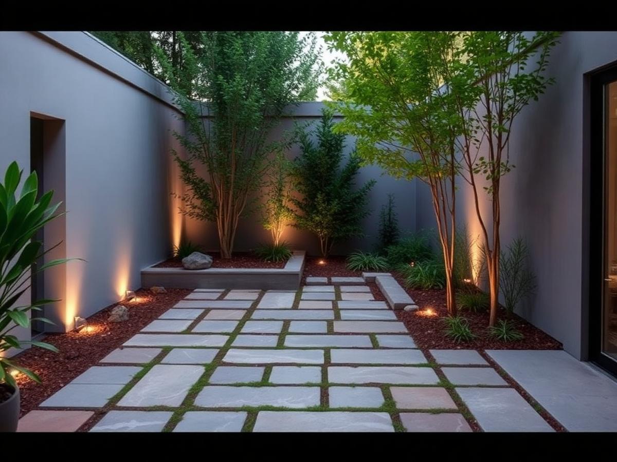 戶外庭院石材鋪面與植栽景觀示意圖