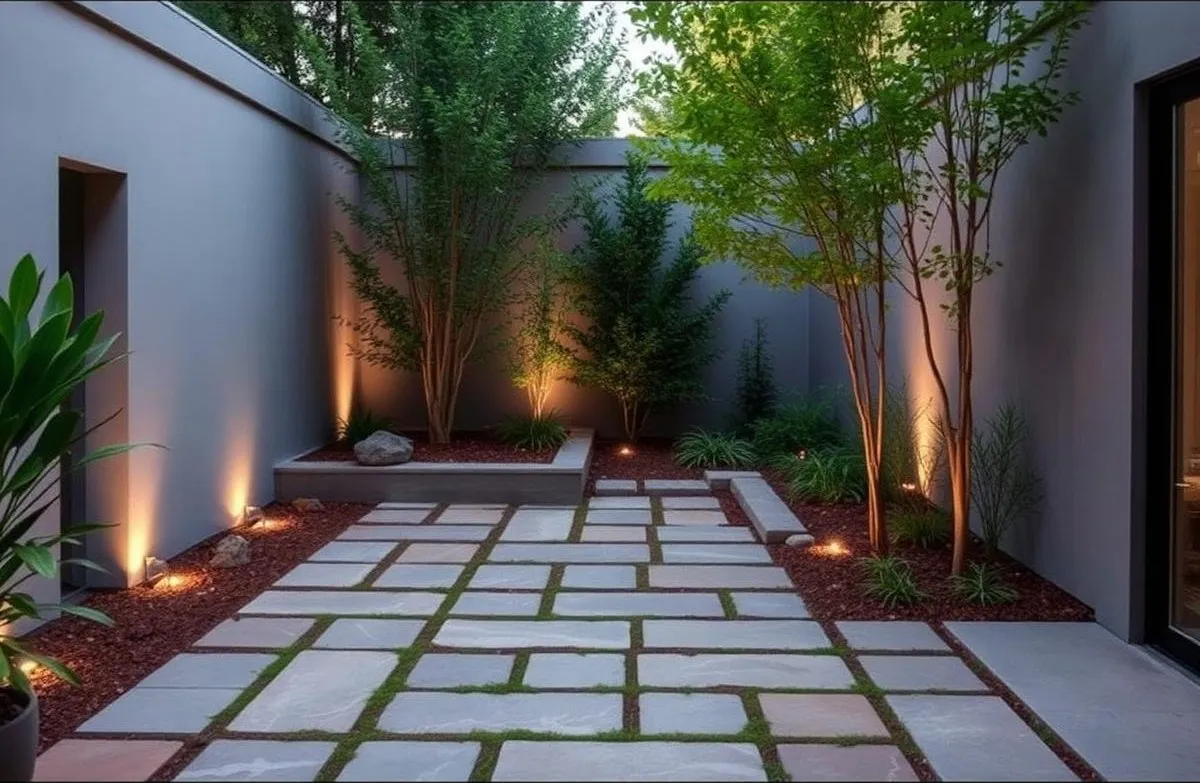 戶外庭院石材鋪面與植栽景觀示意圖